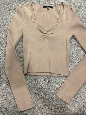 Love Tree Ribbed Long Sleeve Sweetheart Top in Beige